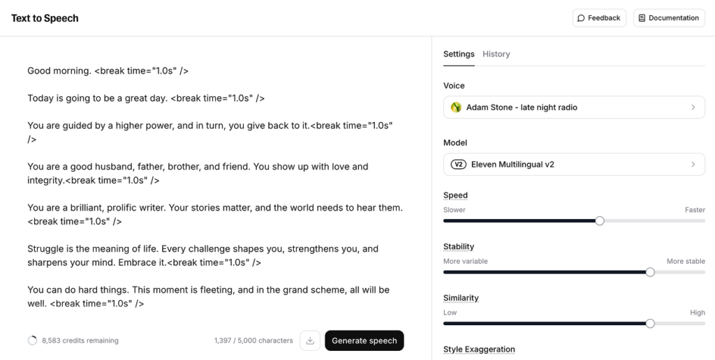 affirmations script in Eleven Labs